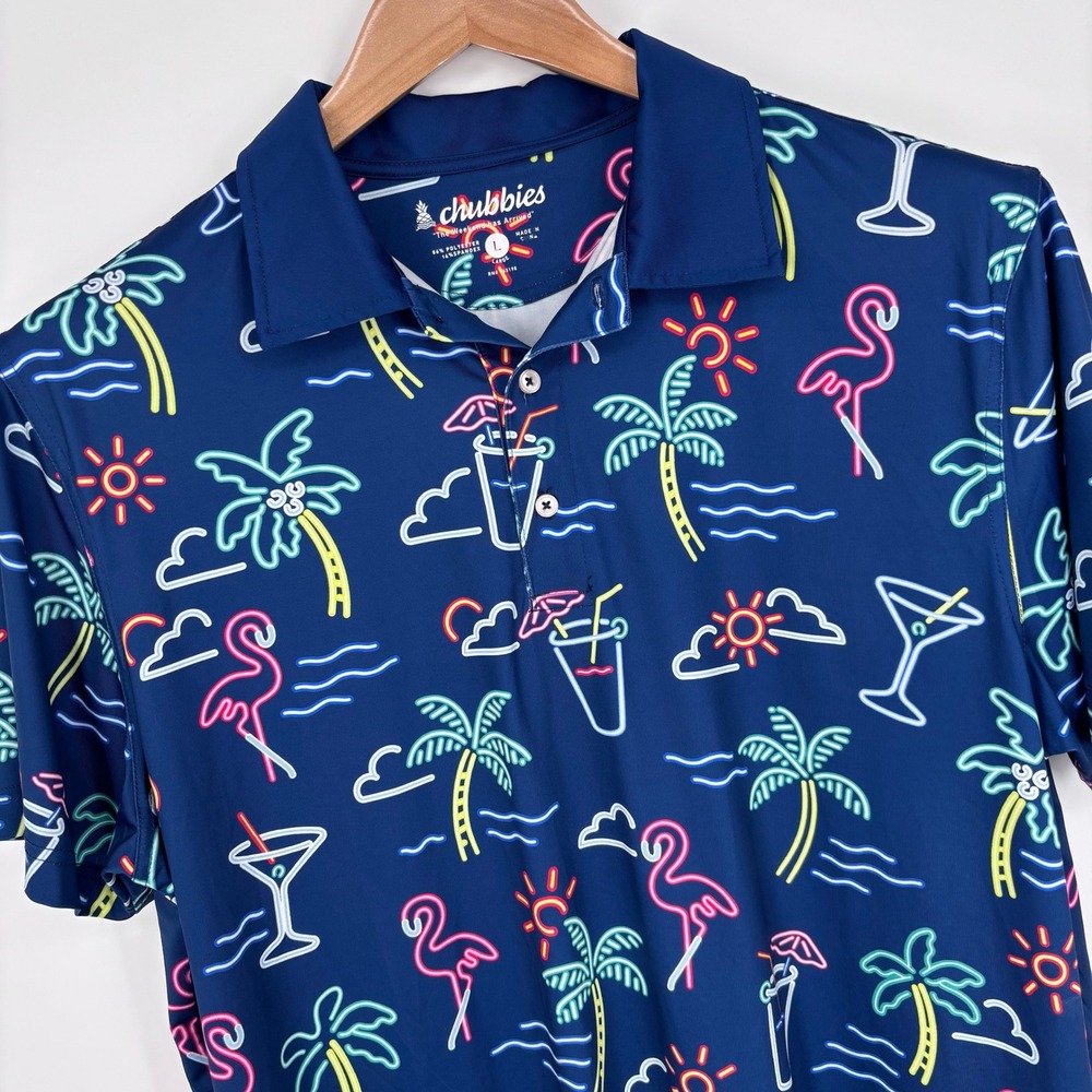 Chubbies Neon Palm Flamingo Cocktail Tropical Polo Shirt Mens Large Golf Navy